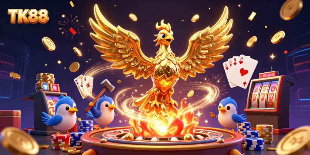 Experience the excitement of TK88 as the golden phoenix and sparrow assistants bring casino elements to life.