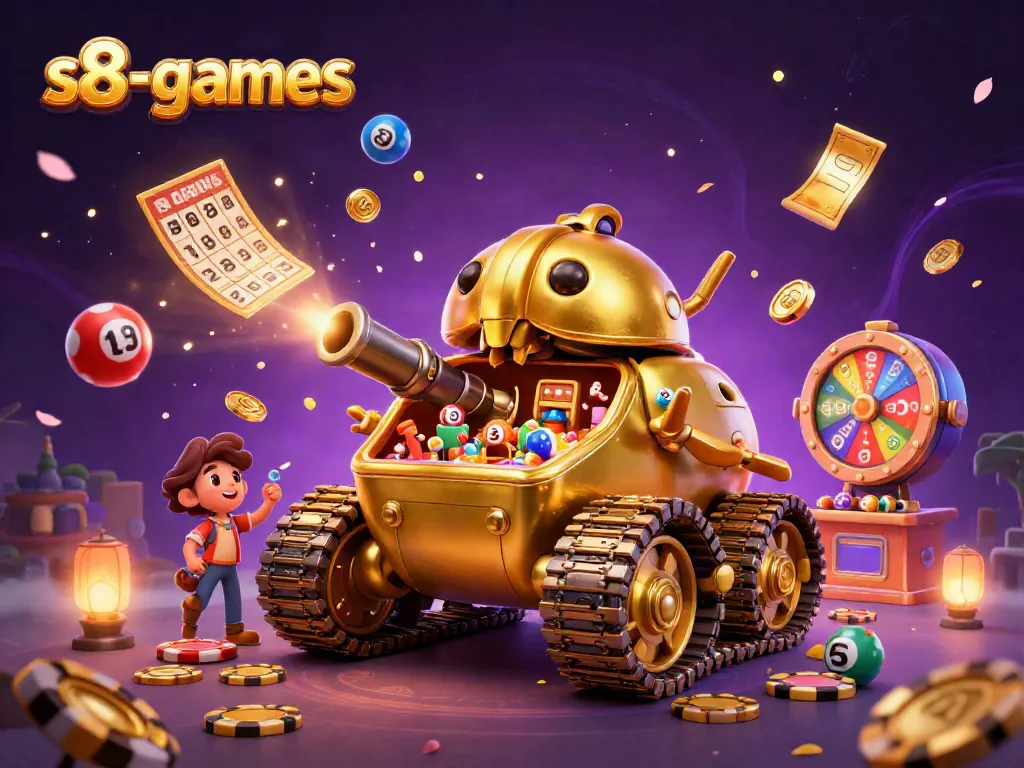 s8-games slot-themed illustration showcasing a golden beetle tank casino scene with dynamic elements.