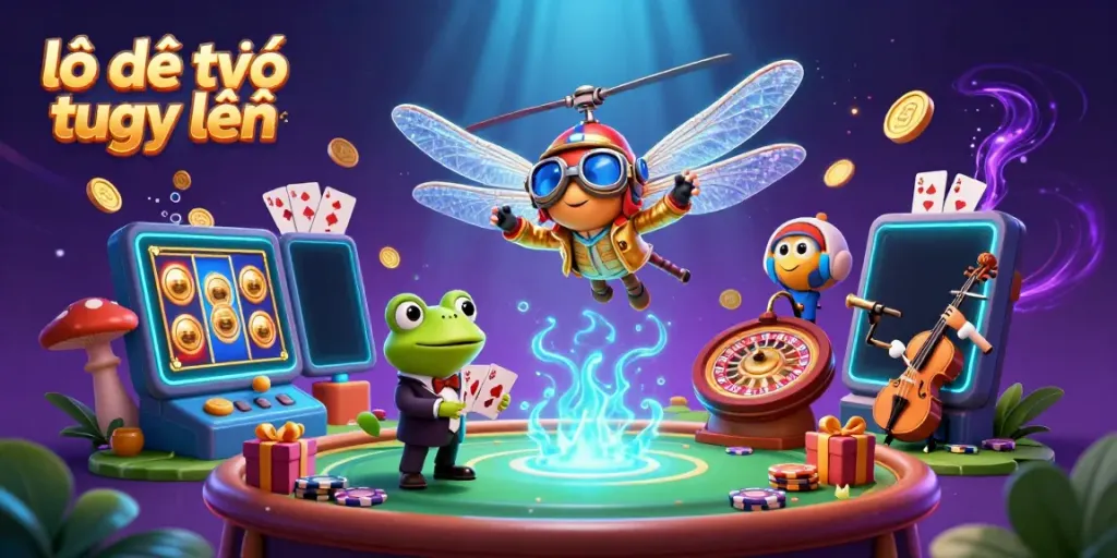 Experience thrilling lô đề trực tuyến with a vibrant 3D casino scene featuring a dragonfly pilot and frog croupier.