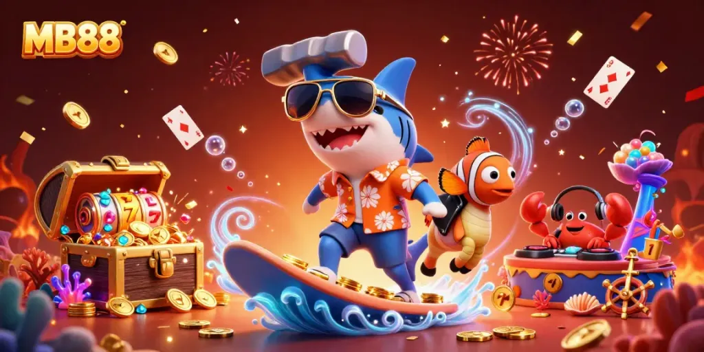 Engage in thrilling gaming adventures at MB88 featuring a shark surfing gold coins amidst vibrant casino elements.