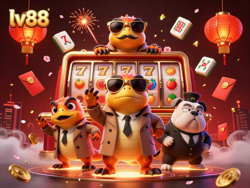 lv88 excites with animated raptors sneaking into a VIP casino, surrounded by vibrant game symbols.