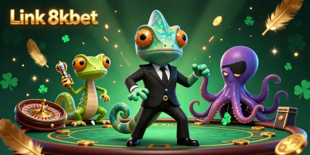 Engage with Link 8kbet's vibrant illustration showcasing characters in a thrilling casino scene.