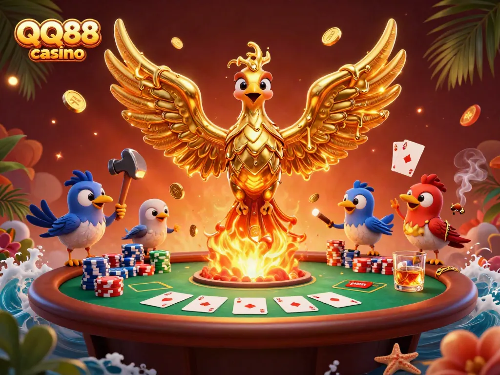 Experience the excitement of QQ88 casino with a dazzling golden phoenix rising amidst poker elements and vibrant details.
