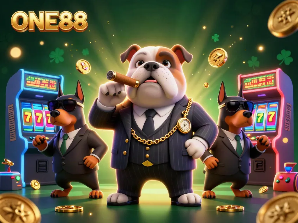 Engage with ONE88's vibrant casino scene featuring cartoon mafia elements and gaming excitement.