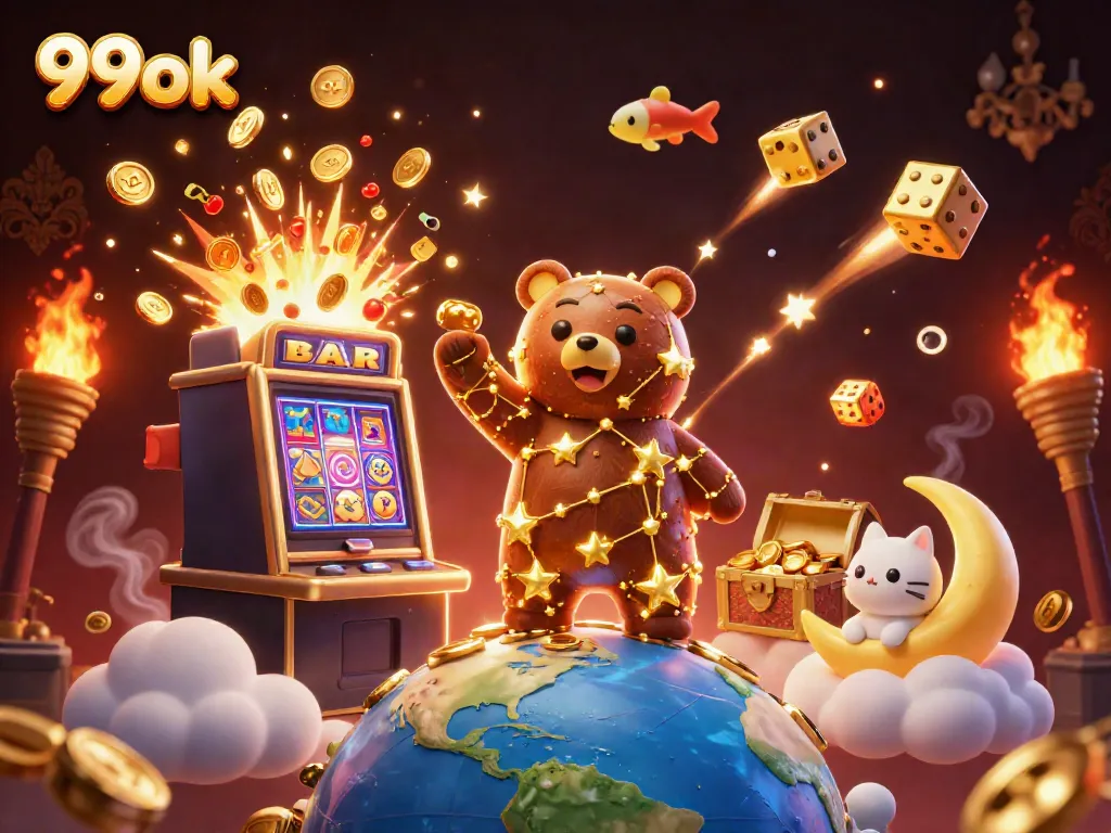 Experience winning with 99ok in this vibrant casino scene featuring a golden bear and jackpot...