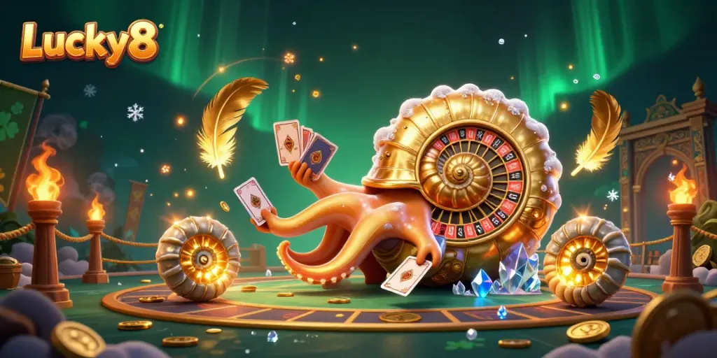 Experience the vibrant energy of Lucky8 with a giant nautilus roulette and glowing fossils in action.