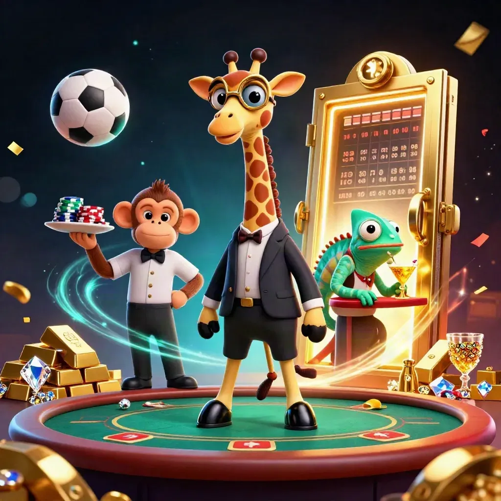 Neon casino trio of giraffe, monkey and chameleon with gold vault light, balls and chips.