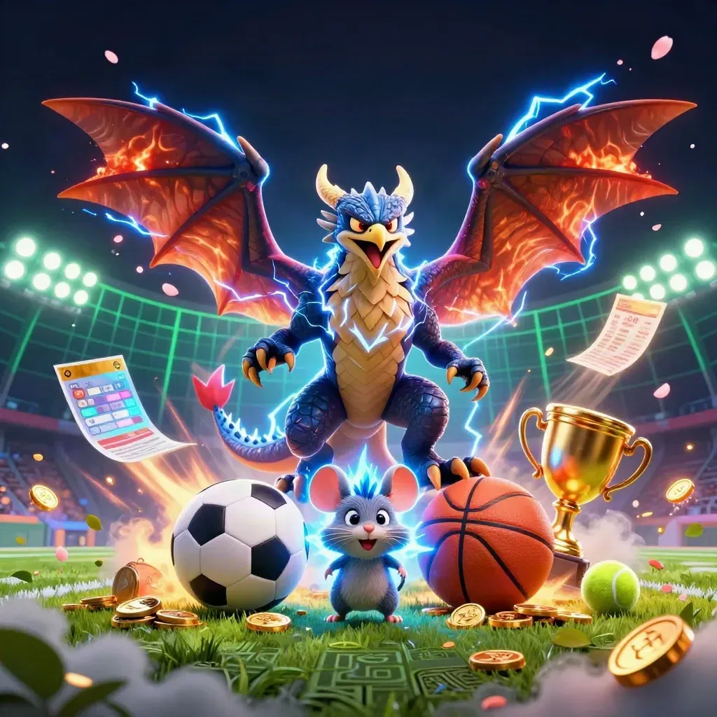Thunder dragon, wind hawk and sparking mouse explode around flying sports balls and gold coins.