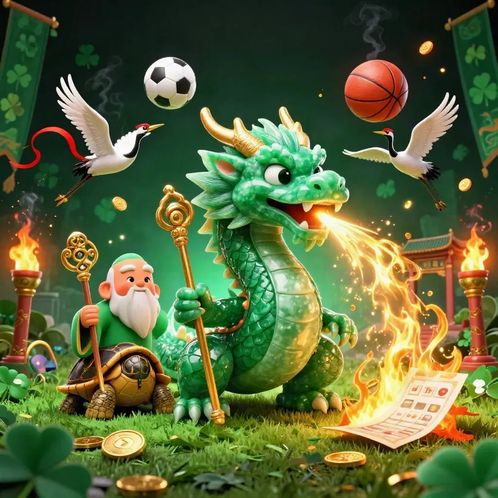 Dragon, turtle sage, and cranes amid flying balls, fire, coins, and temple lights