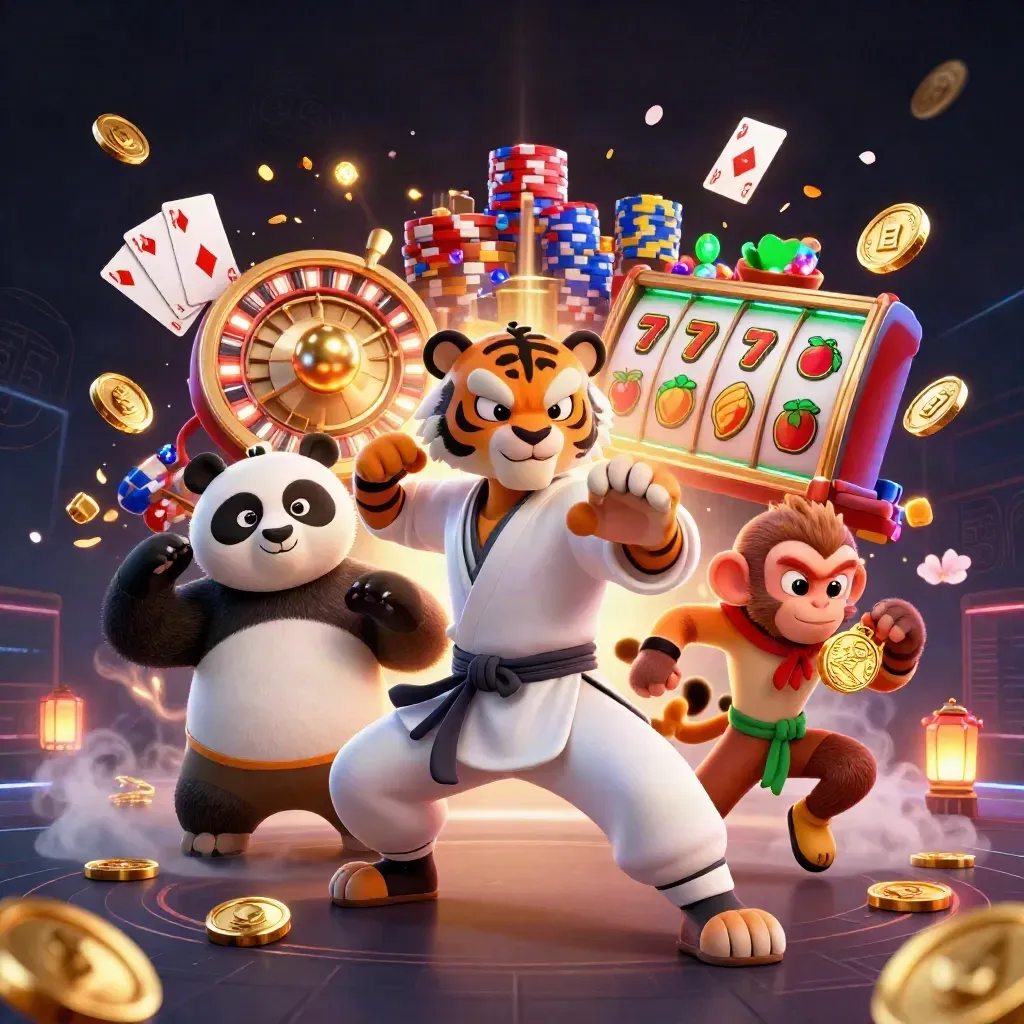 Kung-fu tiger, panda, and monkey amid neon casino treasure, reels, coins, and mystical fog.