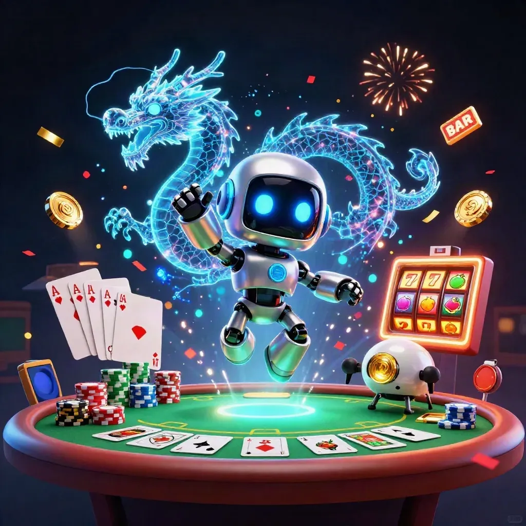 Cyberpunk robot, holographic dragon, and coin drone over glowing cards, chips, reels, and neon casino energy