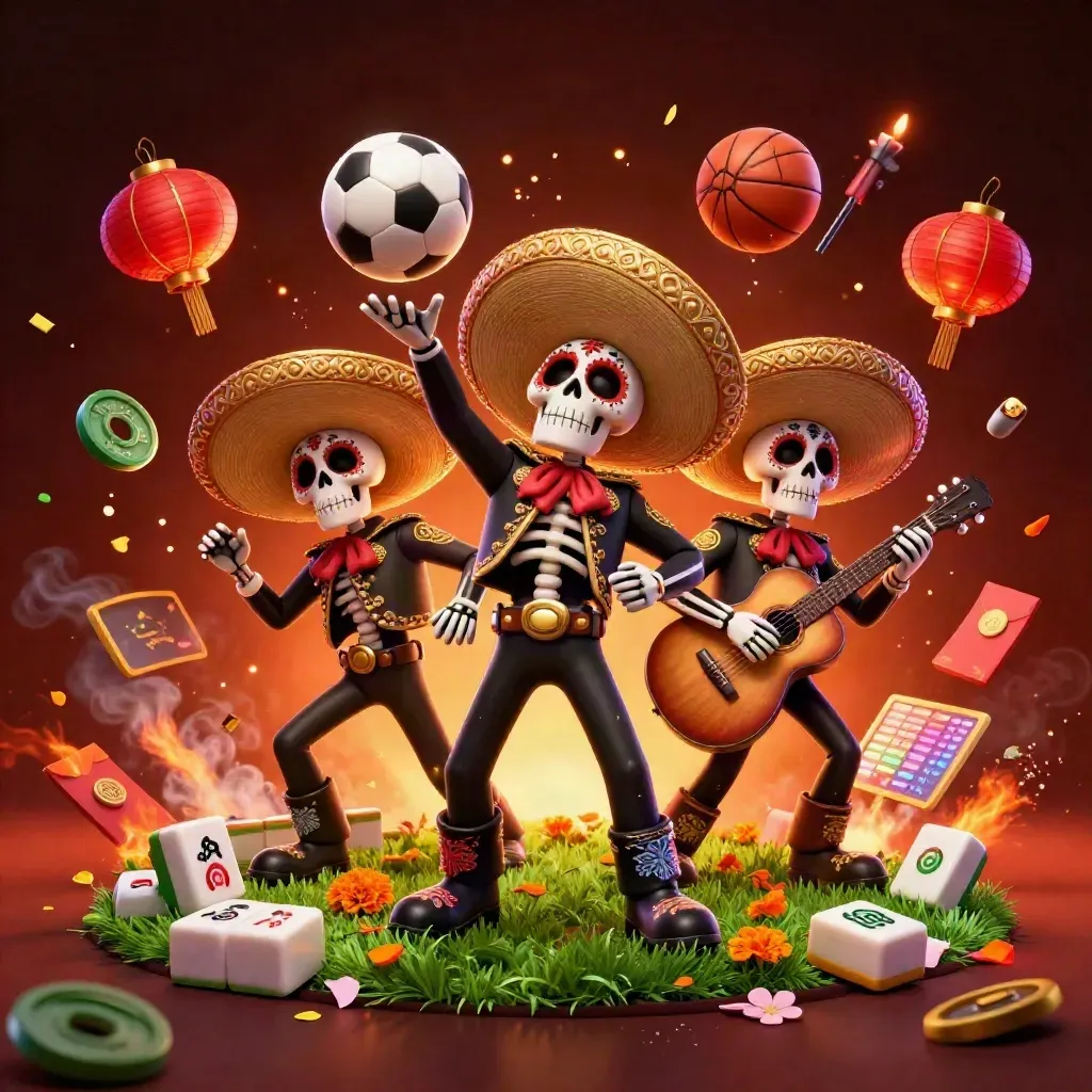 Skeleton mariachi trio in a neon casino sports explosion with balls, turf, and lucky symbols.