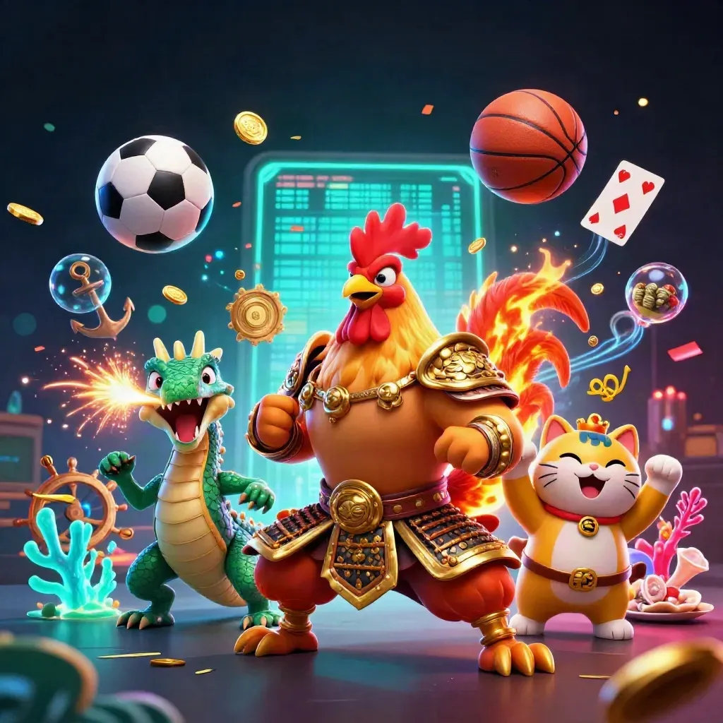 Rooster warrior, dragon hatchling and cat amid casino-sports chaos, balls, coins and sparks flying.