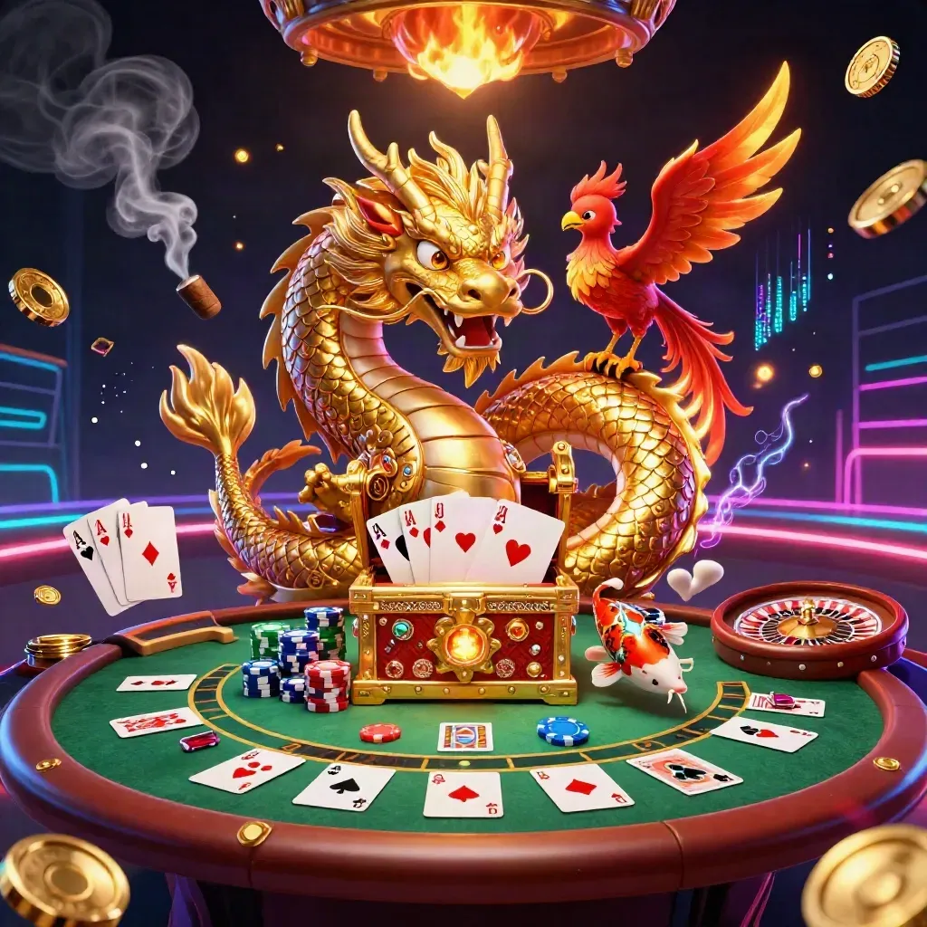 Golden dragon, phoenix and koi amid casino props in neon jungle-casino glow