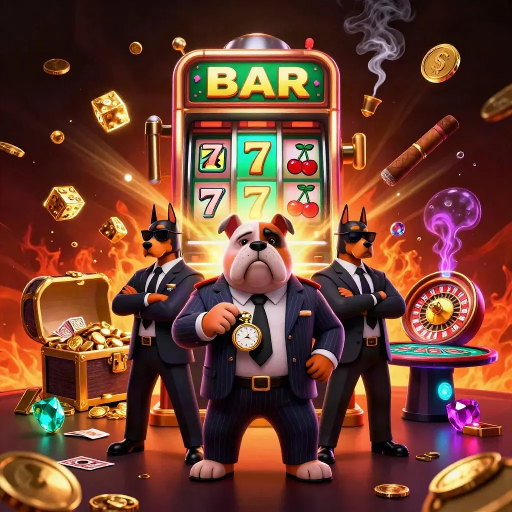 Bulldog boss with Dobermans amid slot burst, roulette spin, gold, ember glow, and casino luxury.