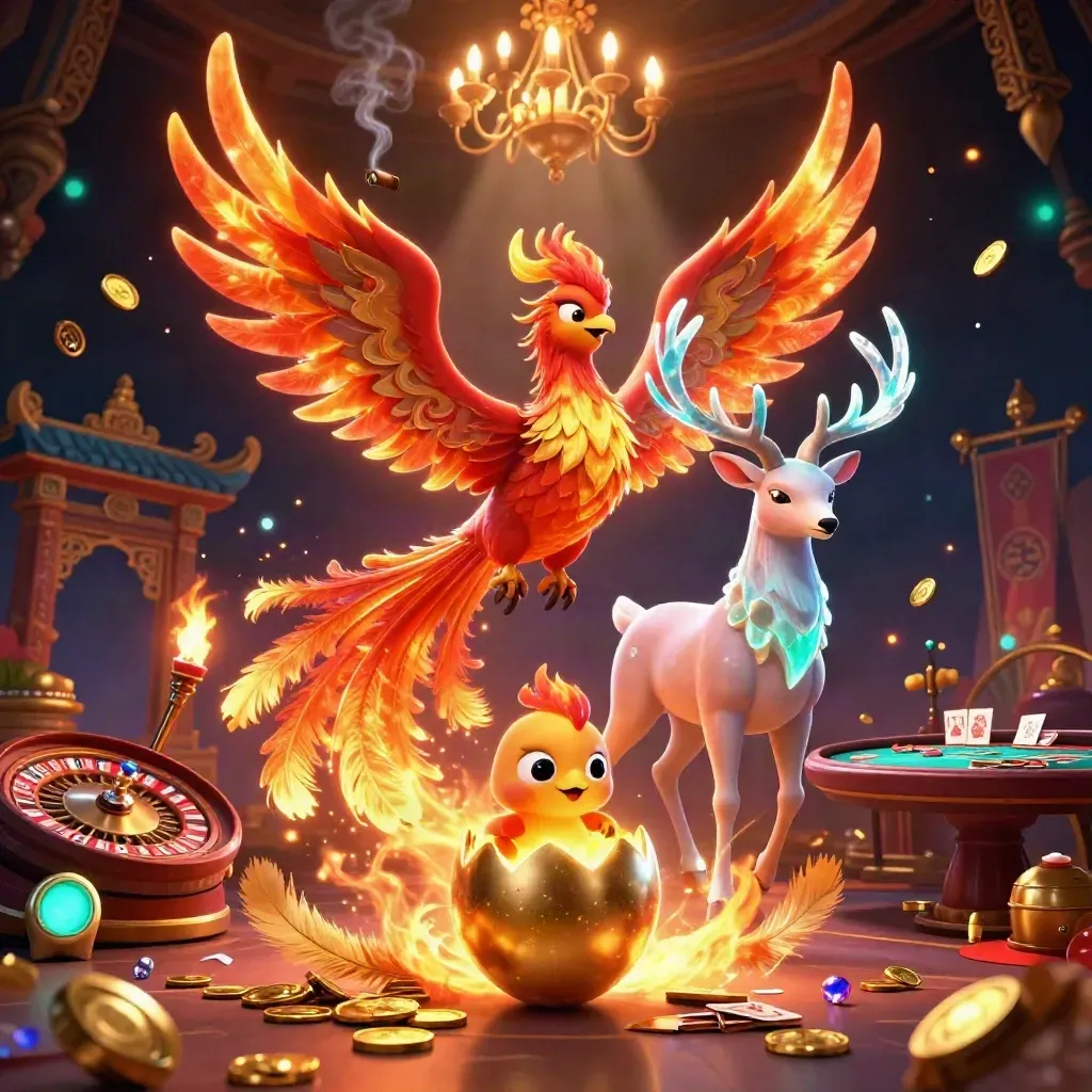 Phoenix, baby phoenix, and crystal stag in a neon casino room with spinning wheel and temple gate.