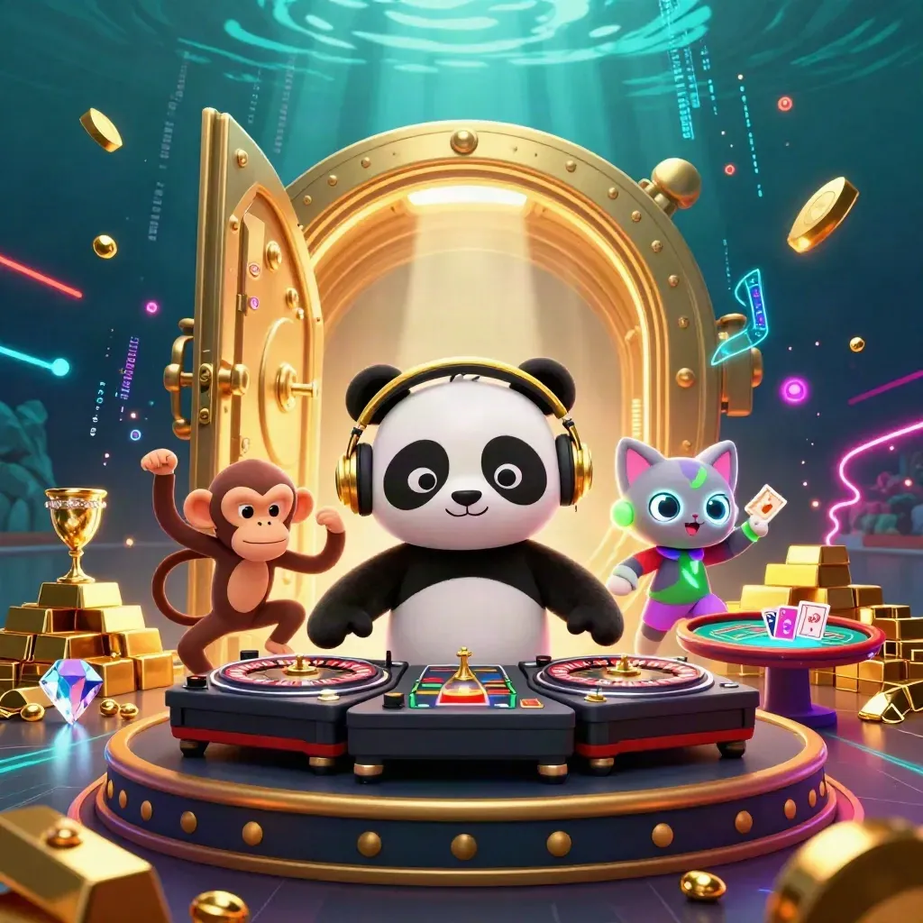 DJ panda, dancing monkey, glow kitten, vault gold, neon casino splash art.