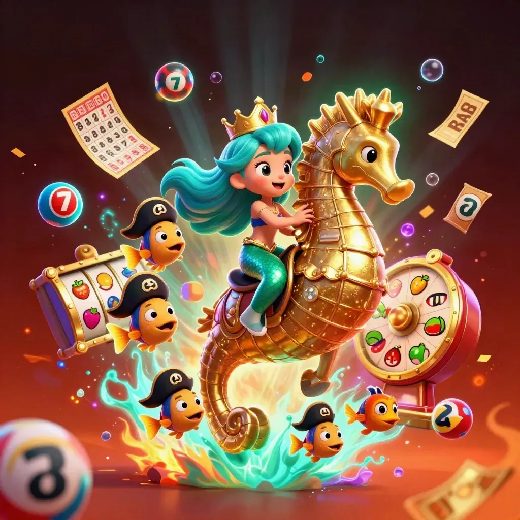 Mermaid princess on armored seahorse amid pirate fish, lottery balls, wheel and tickets in neon casino chaos.