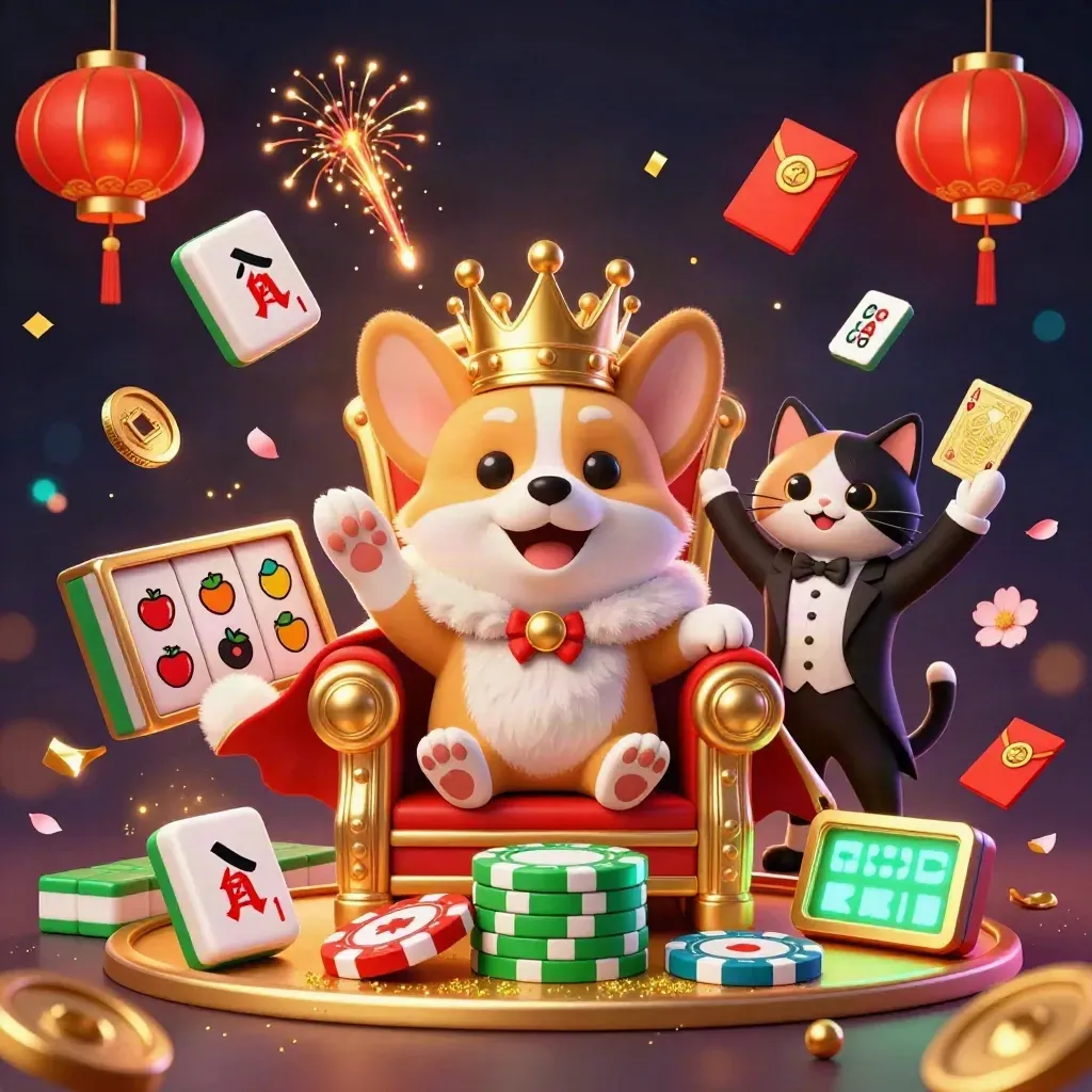 Royal corgi king and cat butler amid neon casino bursts, lanterns, coins, and flying slot symbols.