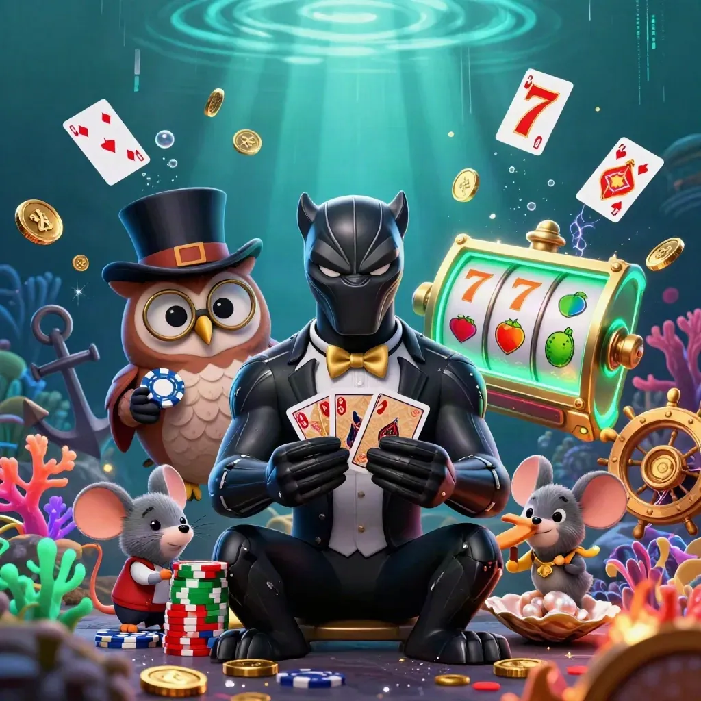 Panther, owl, and mouse card-playing in neon underwater treasure cove with coins and gems