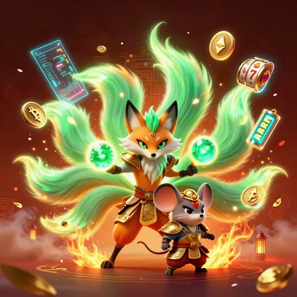Nine-tailed fox spirit and armored mouse amid neon coins, lightning, petals, and casino symbols.