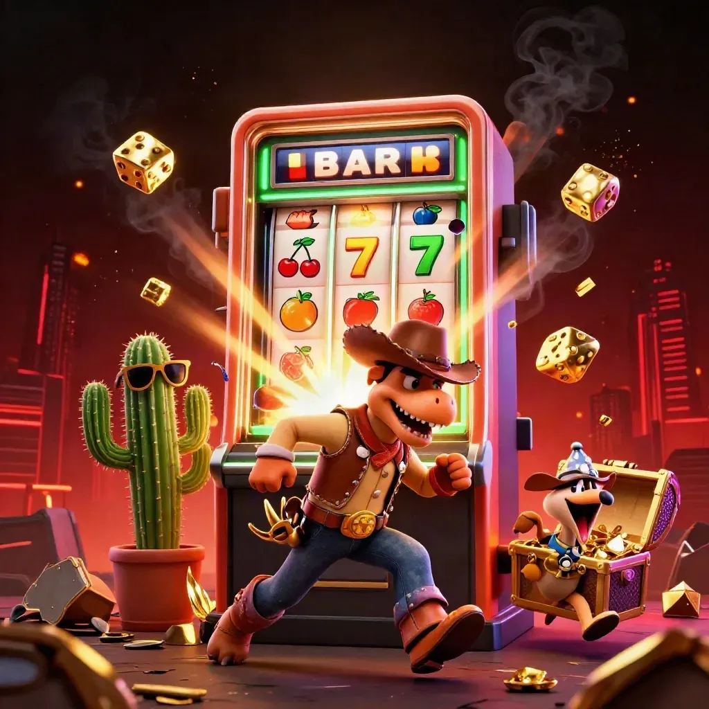 Cowboy T-Rex trio bursts from a neon slot machine amid gold, dice, and ember light.
