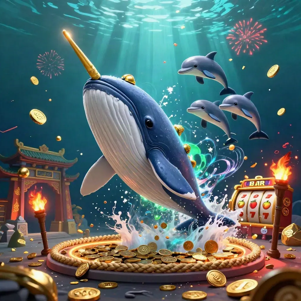 Whale captain, narwhal, and dolphins burst from coins amid neon casino treasure and temple gates.