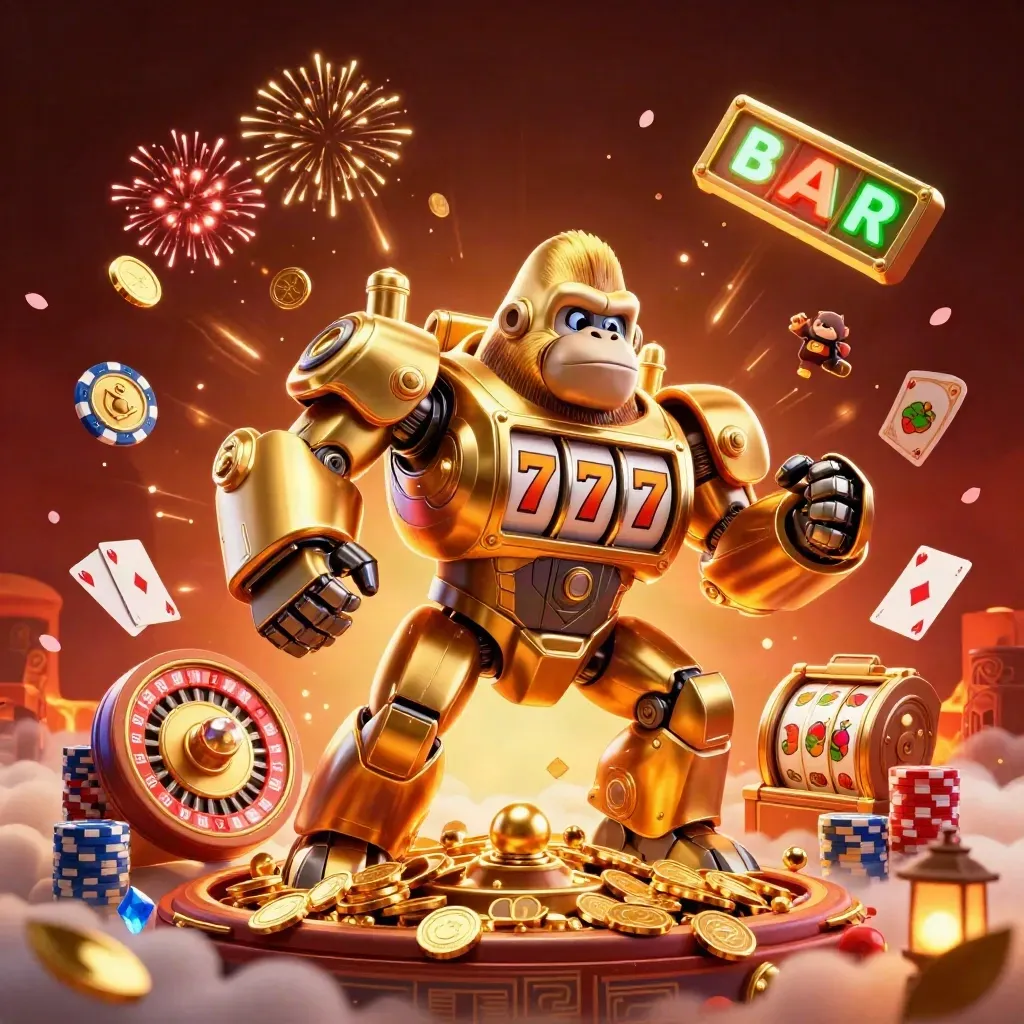 Golden gorilla mech bursting coins and gems, with a tiny monkey pilot and casino effects.