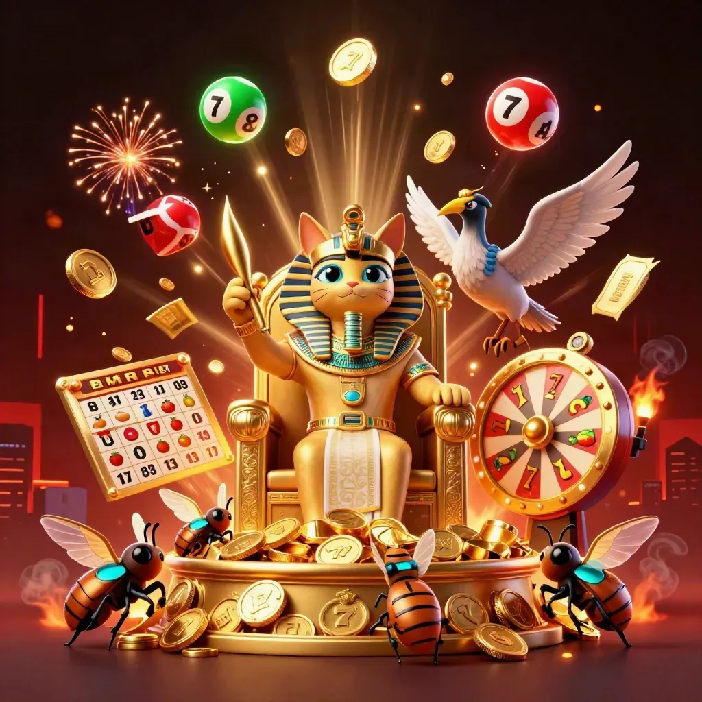Pharaoh cat, ibis scribe, and gem-winged scarabs amid coins, reels, fireworks, and casino loot.