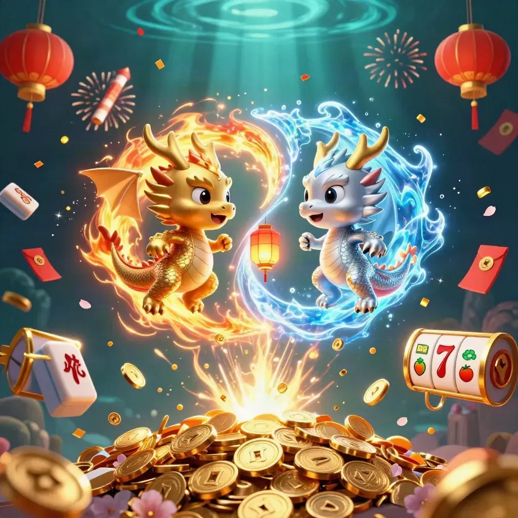 Twin dragons form a fiery yin-yang amid coins, lanterns, fireworks, and a vault burst.