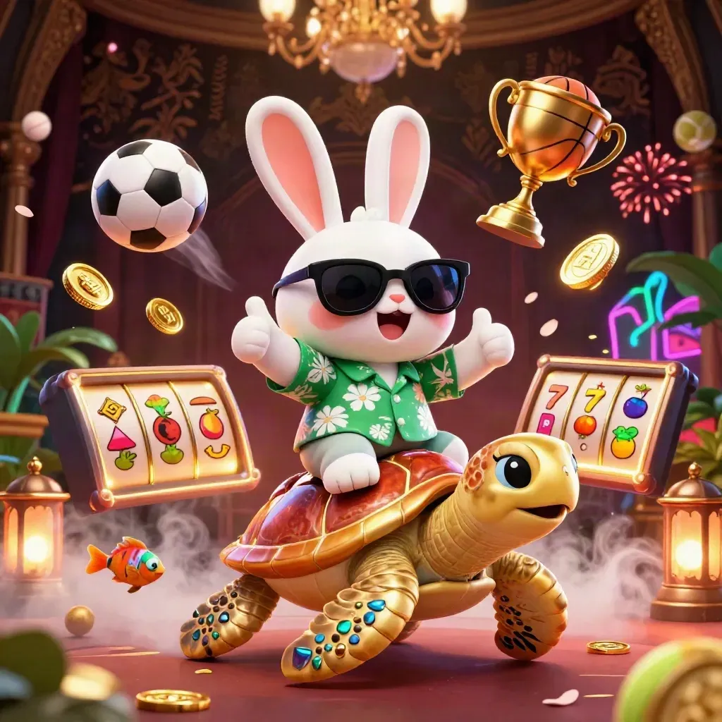 Lucky rabbit rides a golden turtle amid coins, fireworks, and neon casino glamour.