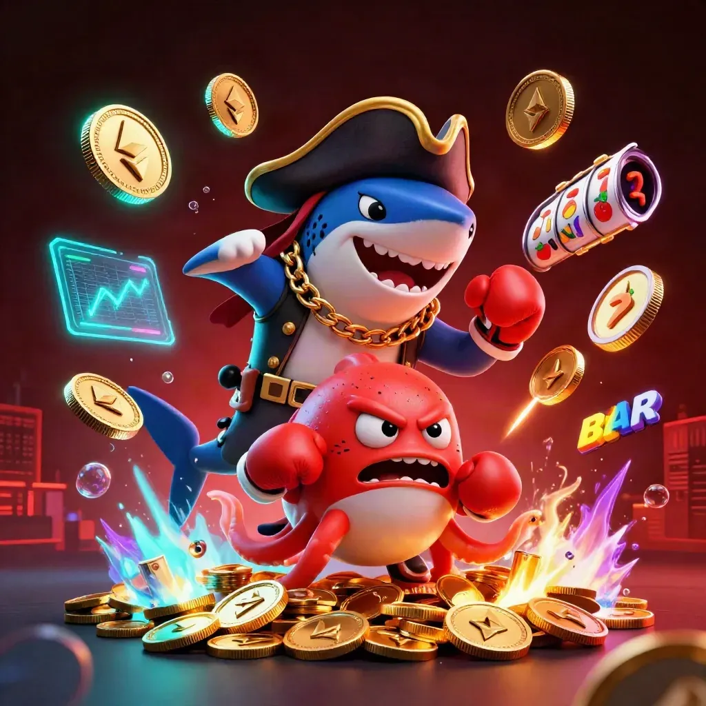 Pirate shark, boxing pufferfish, and juggling octopus amid coins, neon crypto, and slot reels