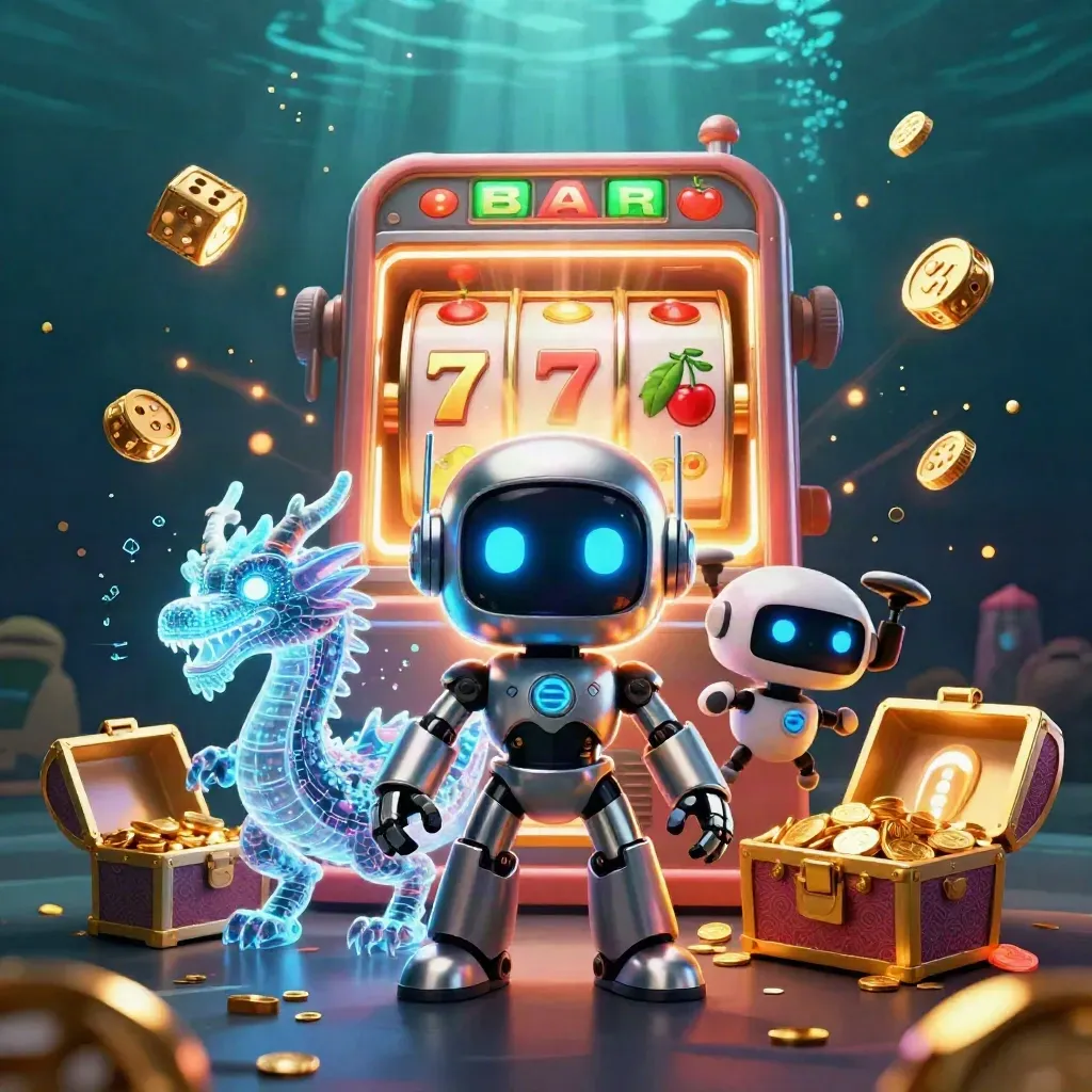 Chrome robot, holographic dragon, and coin drone burst from a jackpot slot machine in neon green and gold