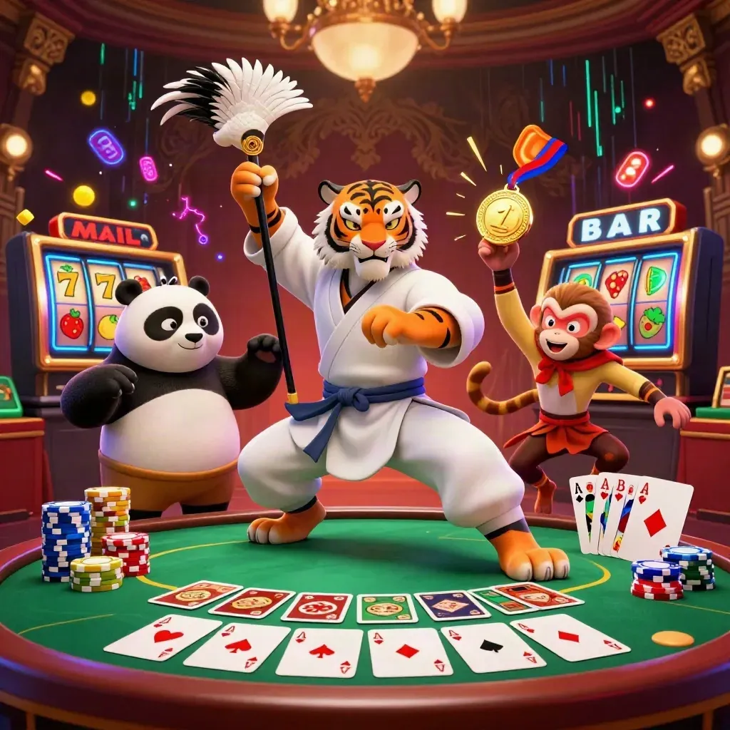 Tiger, panda, and monkey kung-fu heroes in neon casino chaos with chips, cards, and slot reels.
