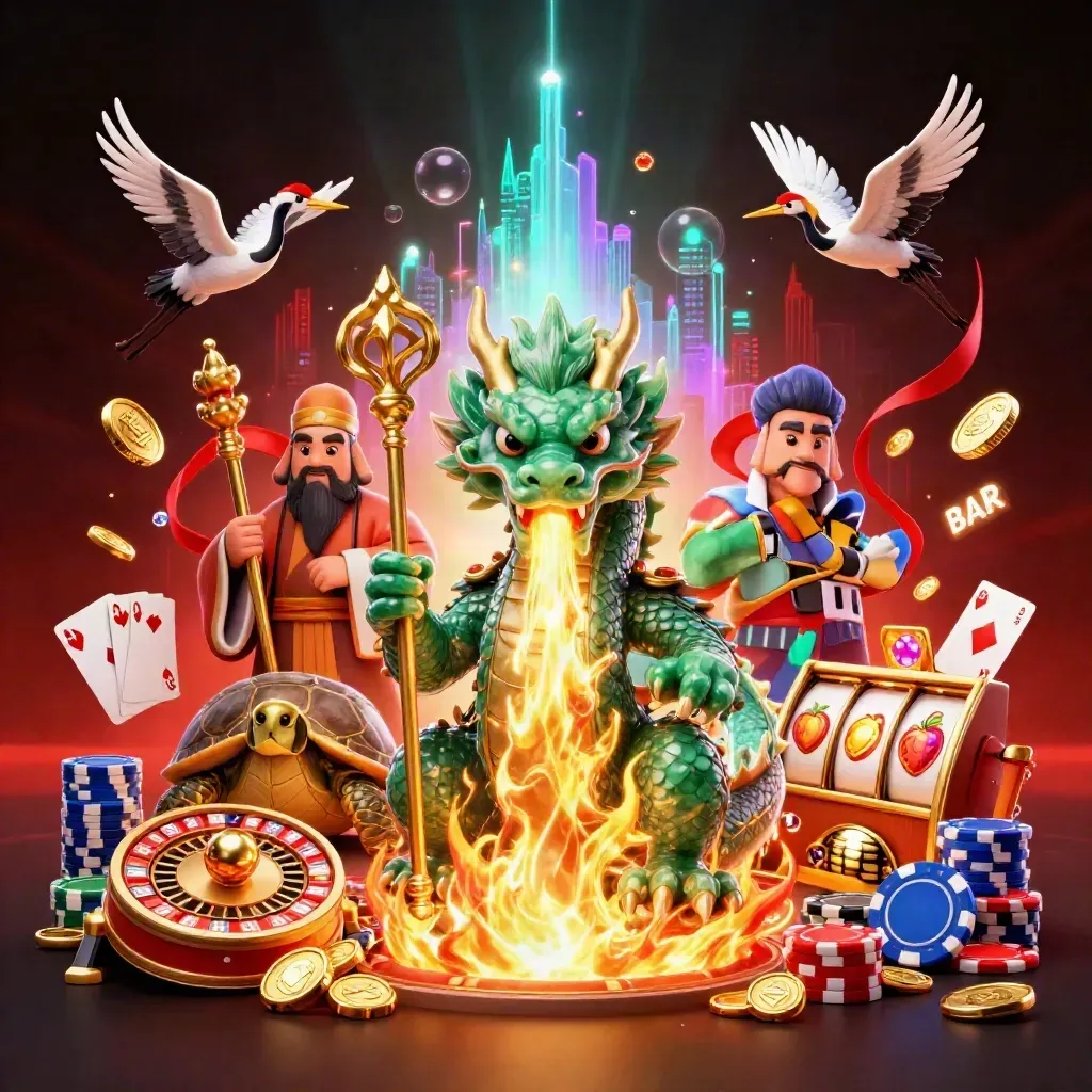 Jade dragon, turtle sage, and cranes amid casino sparks, gold fire, and neon shadows.