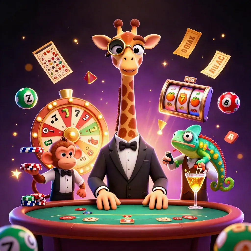 Giraffe, monkey, and chameleon at a neon casino table amid jackpot effects