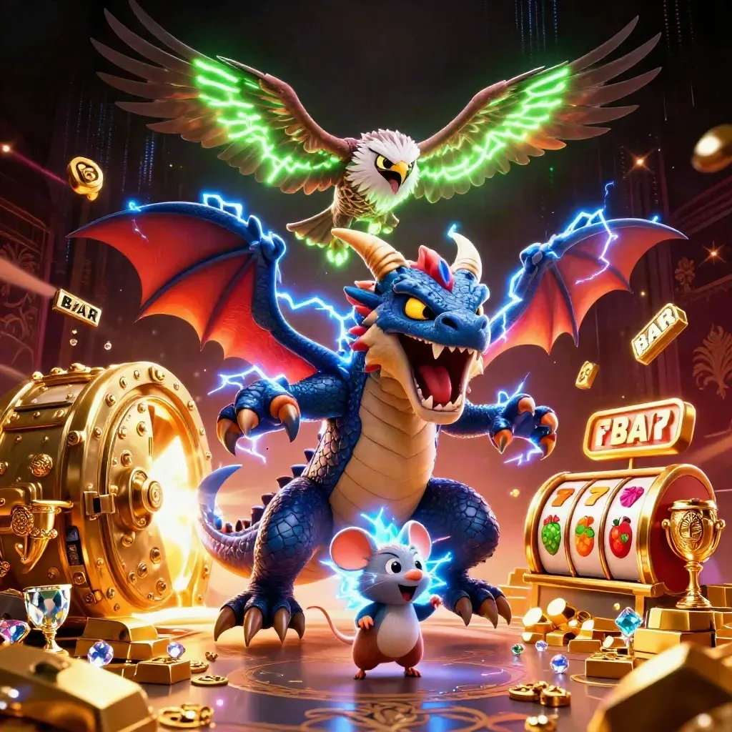 Thunder dragon, wind hawk, and static mouse with vault, gold, slots, and neon energy