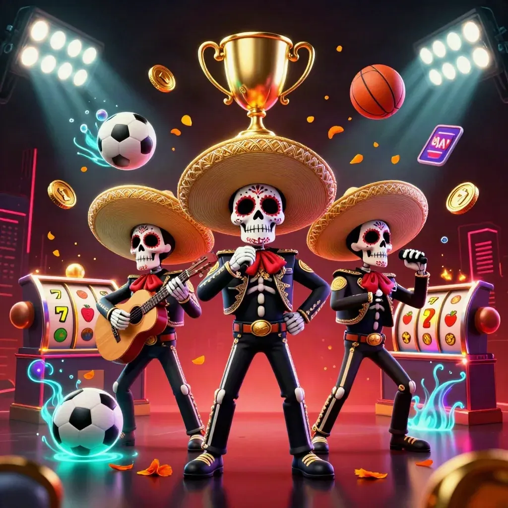 Skeleton mariachi trio amid casino sports icons, coins, neon light, and marigold petals