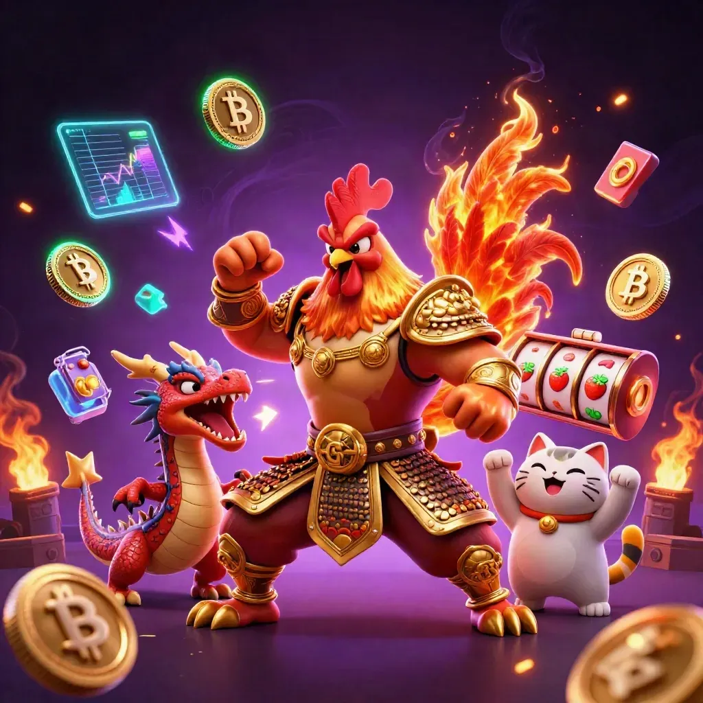 Rooster warrior, dragon hatchling, and fortune cat amid neon casino sparks and floating coins.