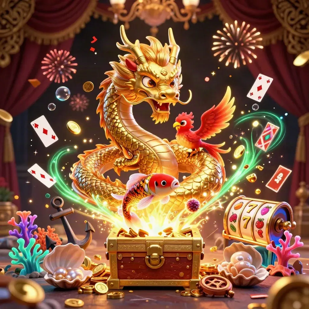 Golden dragon, phoenix, and koi amid treasure, coins, coral, and neon casino sparkles.