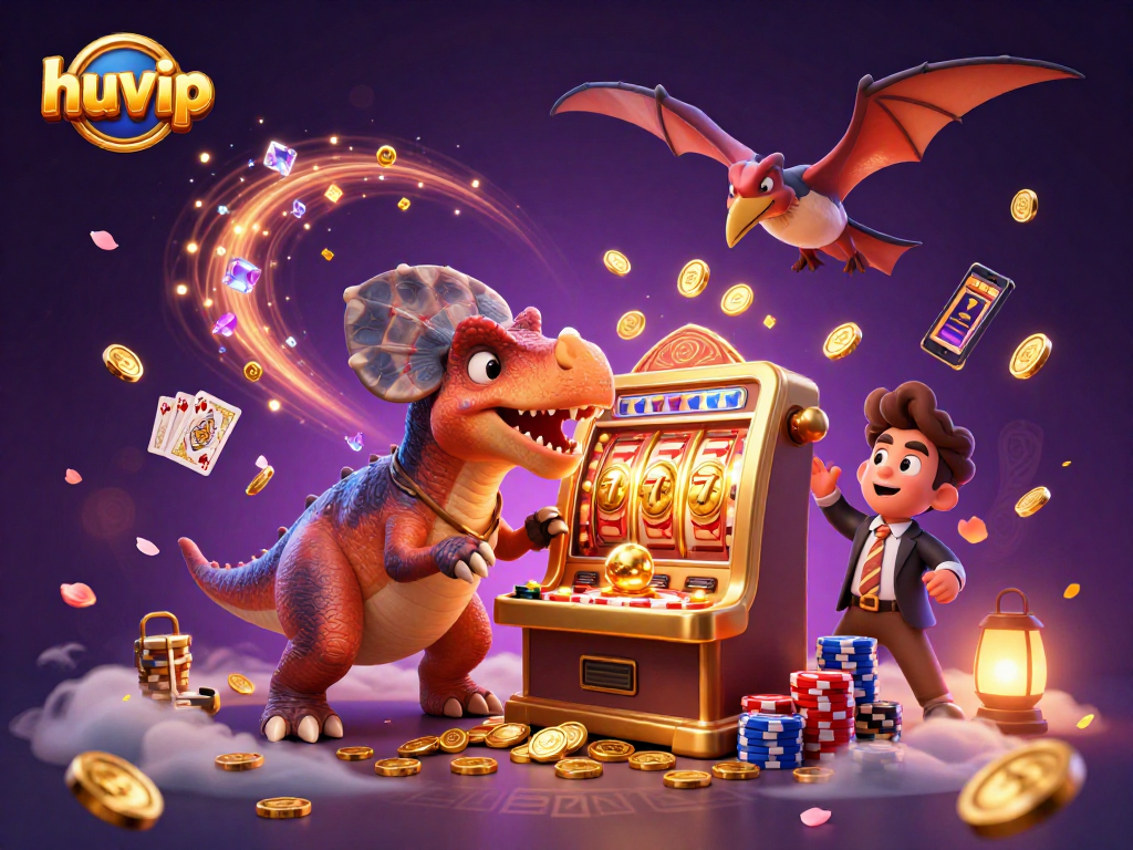 Catch golden coins at huvip while a pachycephalosaurus wins jackpot rewards in a thrilling casino scene.