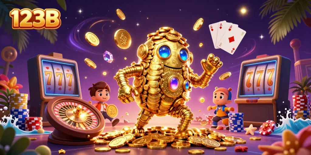 123B's captivating golden golem surrounded by casino elements, showcasing a vibrant gaming experience.