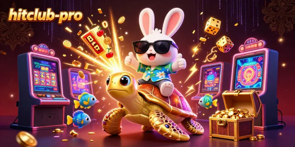 Experience hitclub-pro with a vibrant illustration featuring a lucky rabbit and gold turtle in a slot machine paradise.