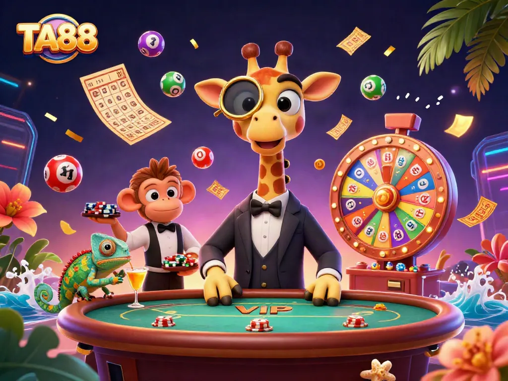 Experience TA88's vibrant casino atmosphere with high-roller giraffes, monkeys, and colorful lottery balls.