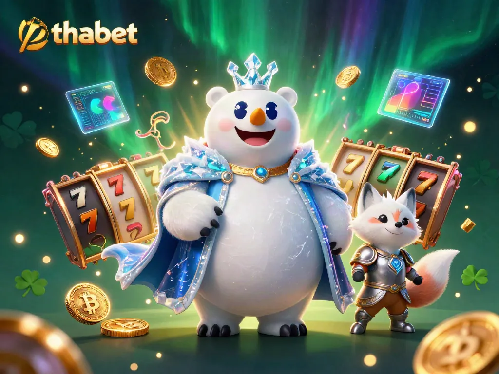 Play thrilling slots and jackpots at thabet with a dynamic casino-themed 3D scene featuring an ice king and snow fox.