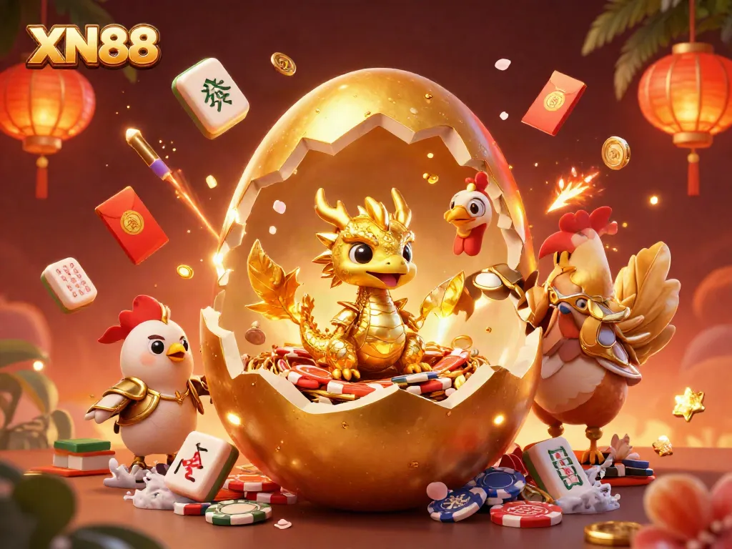 Experience the thrilling world of XN88 with a vibrant 3D illustration showcasing a golden egg dragon and dynamic casino elements
