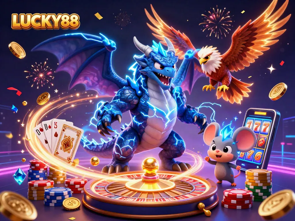 LUCKY88 illustrations showcase a dynamic gambling scene with vibrant characters, ensuring an engaging casino experience.