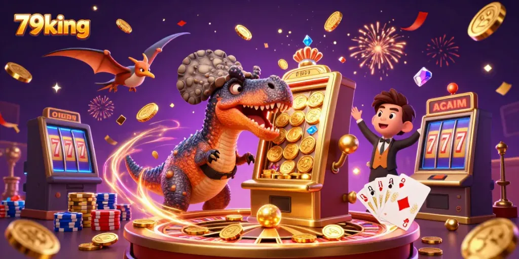 Spin the reels and collect winnings at 79king's lively casino scene featuring cartoon dinosaurs!