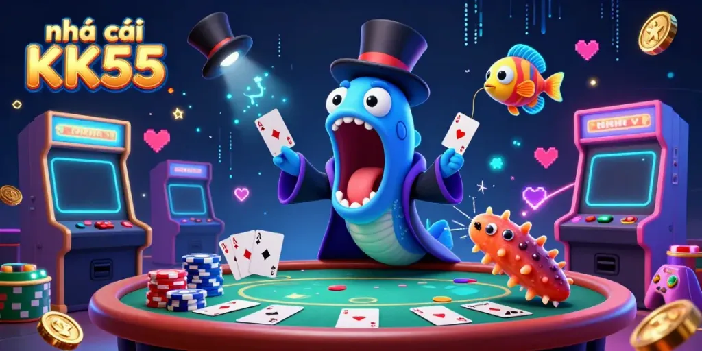 Engaging illustration of a bioluminescent eel showcasing card tricks for nhà cái KK55, surrounded by casino games.