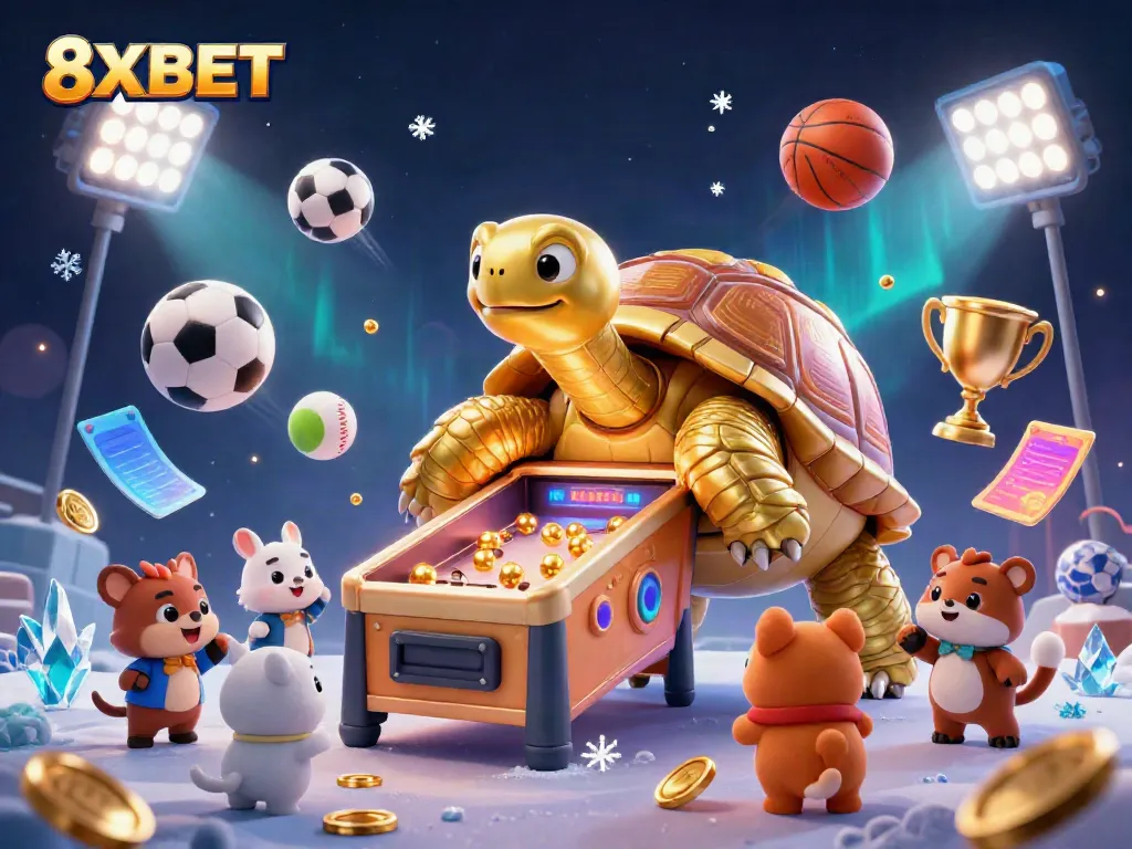 Engage in thrilling gameplay at 8XBET with a golden tortoise pinball machine and dynamic sports elements in a vibrant setting.